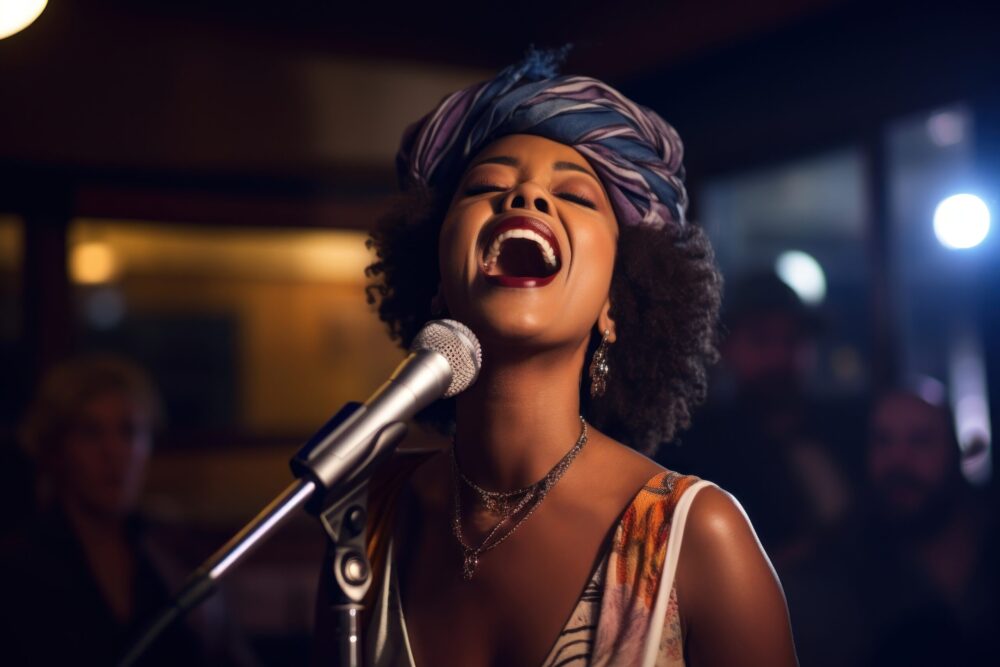 South African woman singer microphone adult stage.